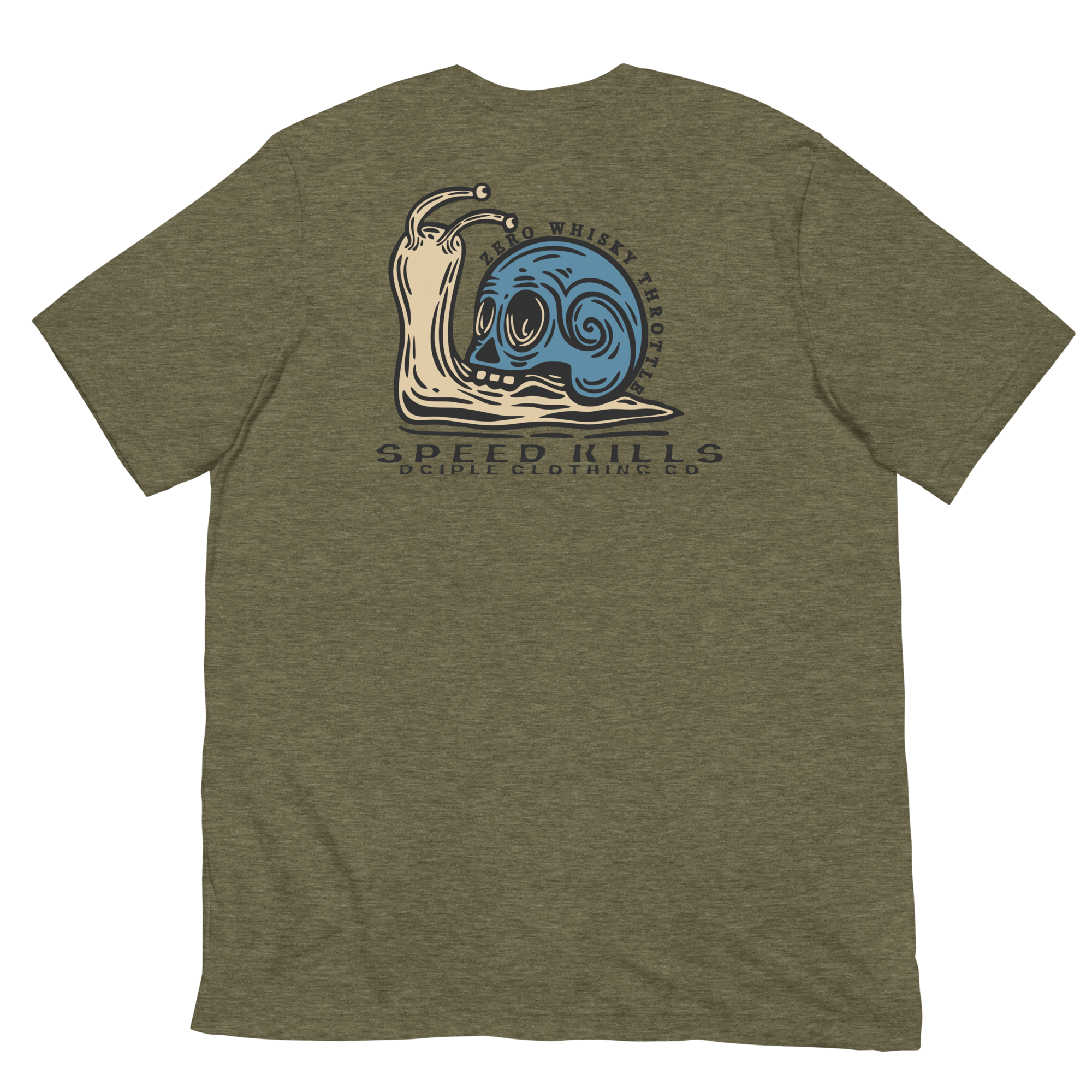 Speed Kills T-Shirt featuring blue skull snail artwork on the back by Dciple Clothing Co.