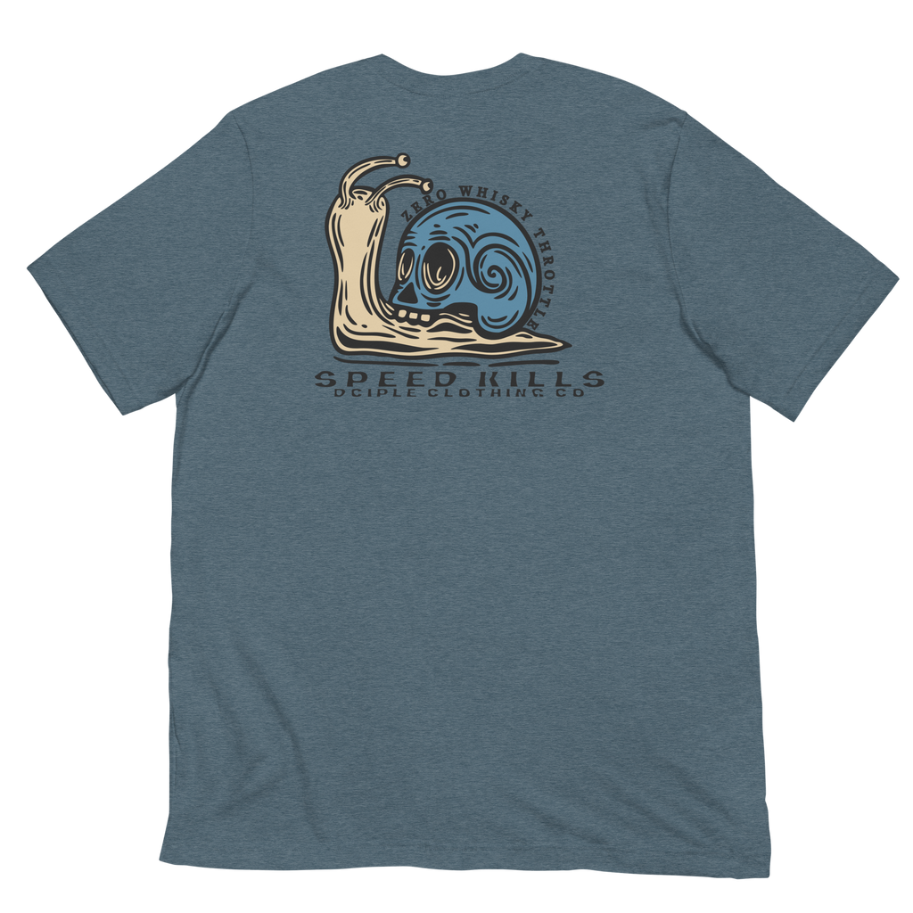 Speed Kills T-Shirt featuring blue skull snail artwork on the back by Dciple Clothing Co.