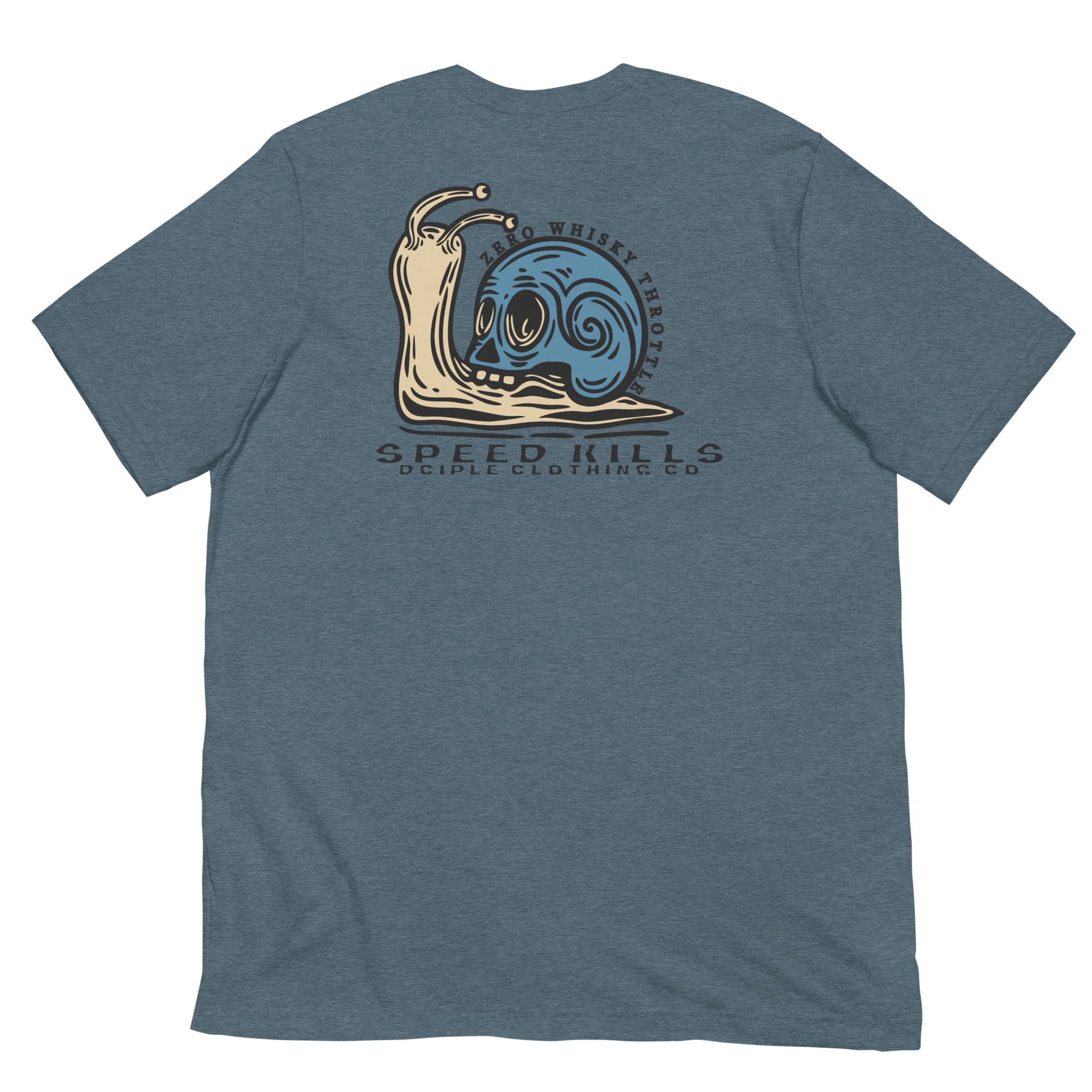 Speed Kills T-Shirt featuring blue skull snail artwork on the back by Dciple Clothing Co.