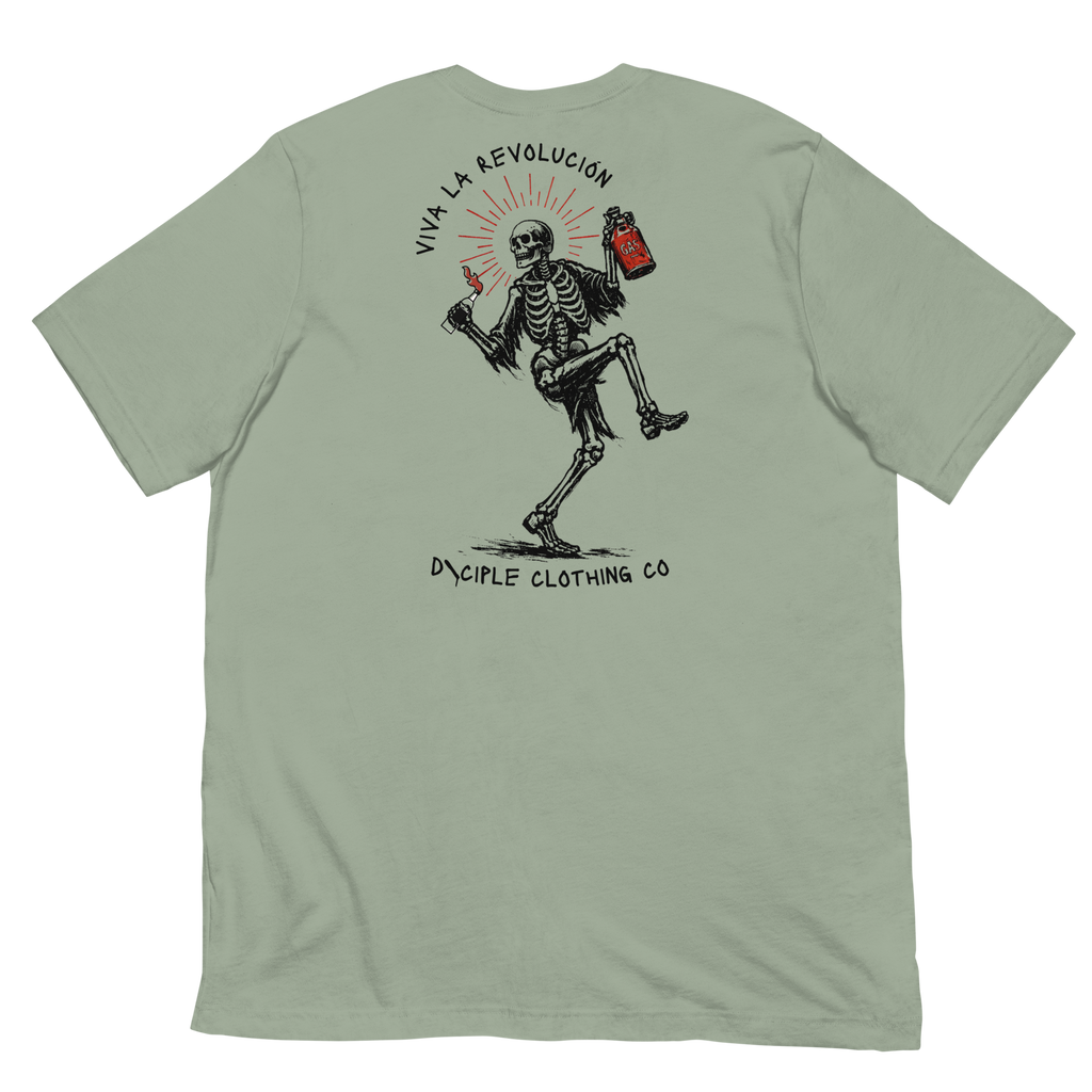 Skeleton in a high knee pose holding a gas can and molotov cocktail with the words viva la revolucion