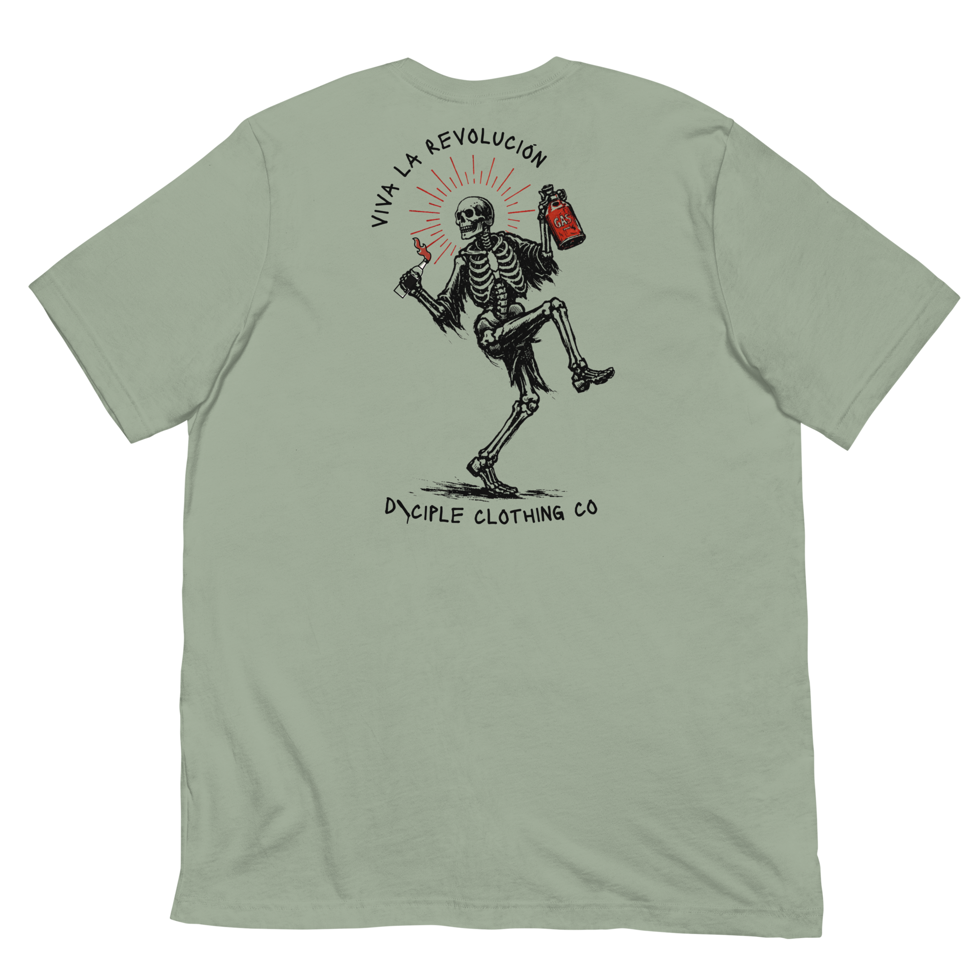 Skeleton in a high knee pose holding a gas can and molotov cocktail with the words viva la revolucion