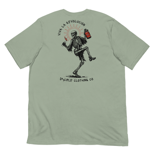 Skeleton in a high knee pose holding a gas can and molotov cocktail with the words viva la revolucion