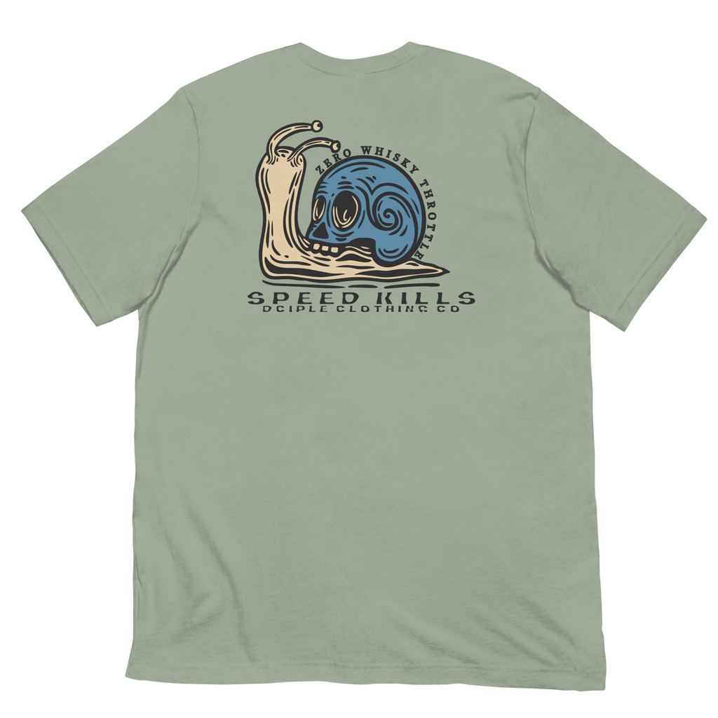 Speed Kills T-Shirt featuring blue skull snail artwork on the back by Dciple Clothing Co.