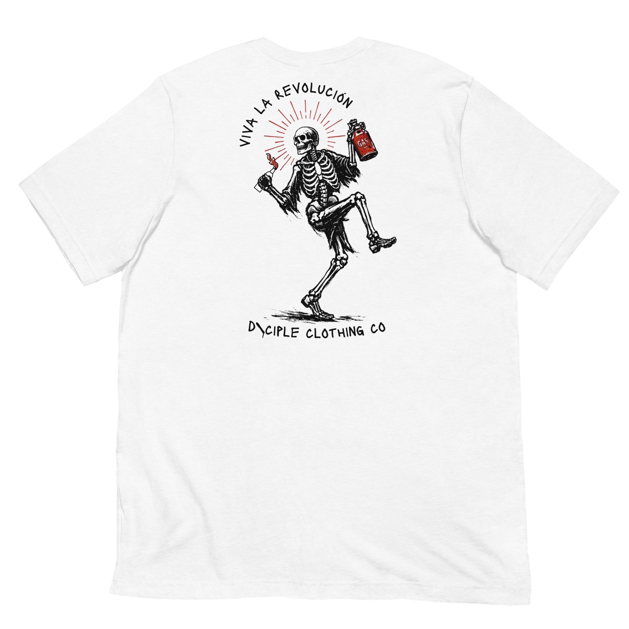 Skeleton in a high knee pose holding a gas can and molotov cocktail with the words viva la revolucion