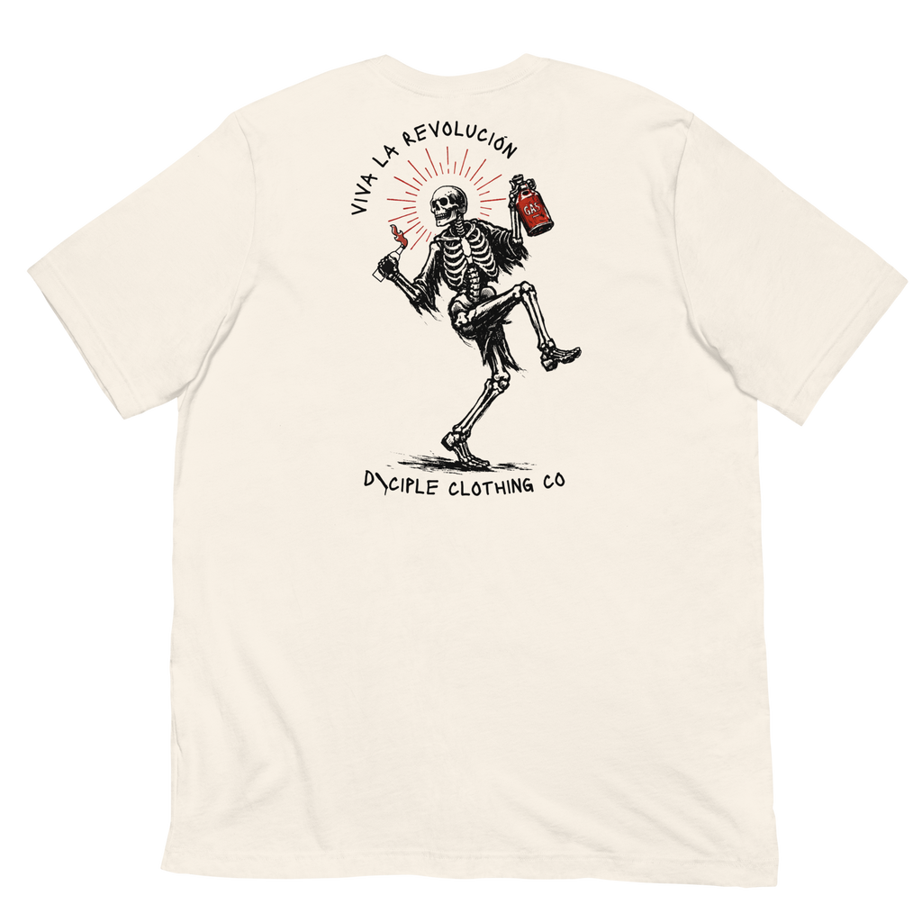 Skeleton in a high knee pose holding a gas can and molotov cocktail with the words viva la revolucion