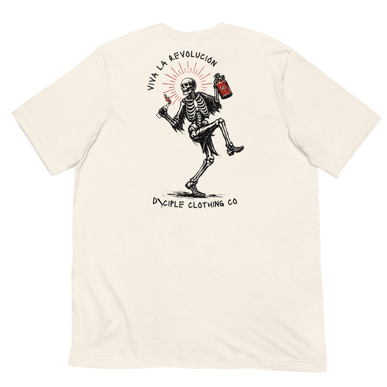 Skeleton in a high knee pose holding a gas can and molotov cocktail with the words viva la revolucion