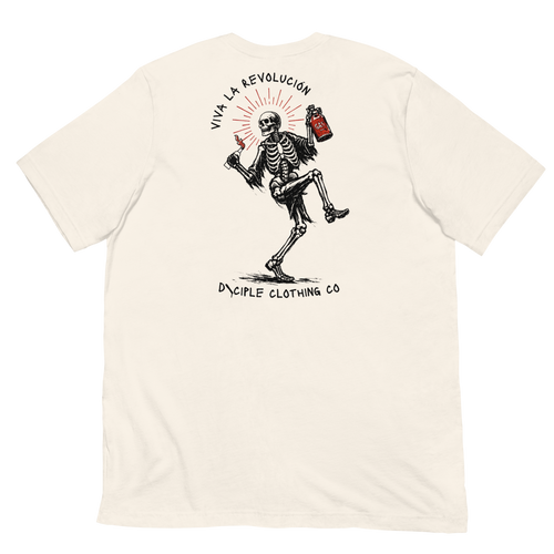 Skeleton in a high knee pose holding a gas can and molotov cocktail with the words viva la revolucion