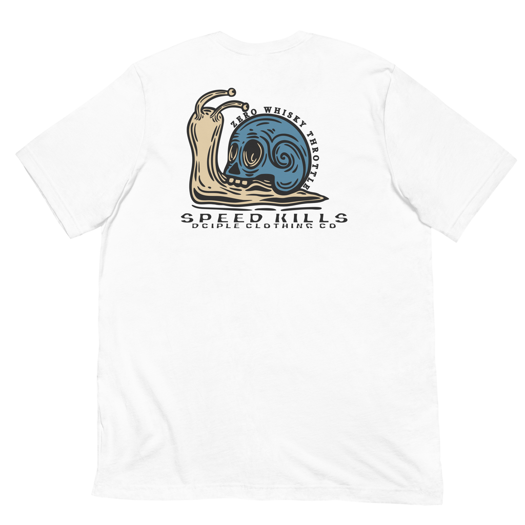 Speed Kills T-Shirt featuring blue skull snail artwork on the back by Dciple Clothing Co.