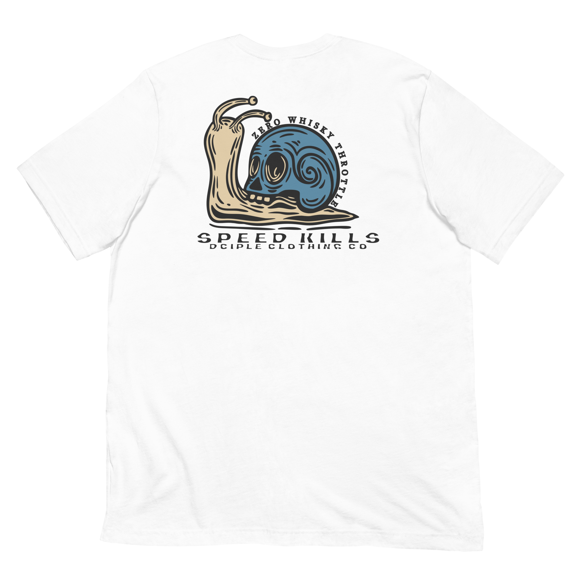 Speed Kills T-Shirt featuring blue skull snail artwork on the back by Dciple Clothing Co.